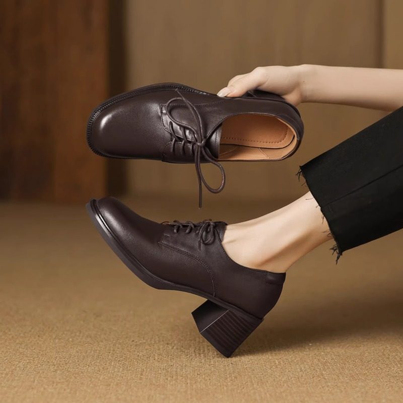 牛皮版法式复古系带深口单鞋女2025新款粗跟高跟小皮鞋女士牛津鞋,女鞋,乐福鞋（豆豆鞋）,淘宝优惠券,粉丝福利购,淘宝优惠卷