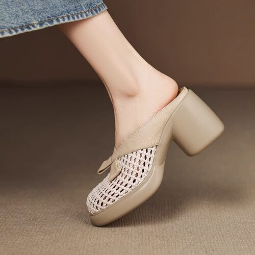 真皮镂空包头编织半拖鞋女穆勒鞋