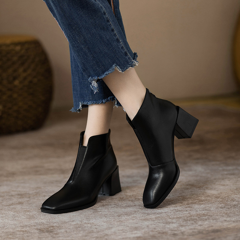 FRENCH SMALL SQUARE TOE CHELSEA BOOTS WOMENS AUTUMN WINTER 2024 NEW BLOCK HEEL POINTED TOE LEATHER TEMPERAMENT VERSATILE REAR ZIPPER