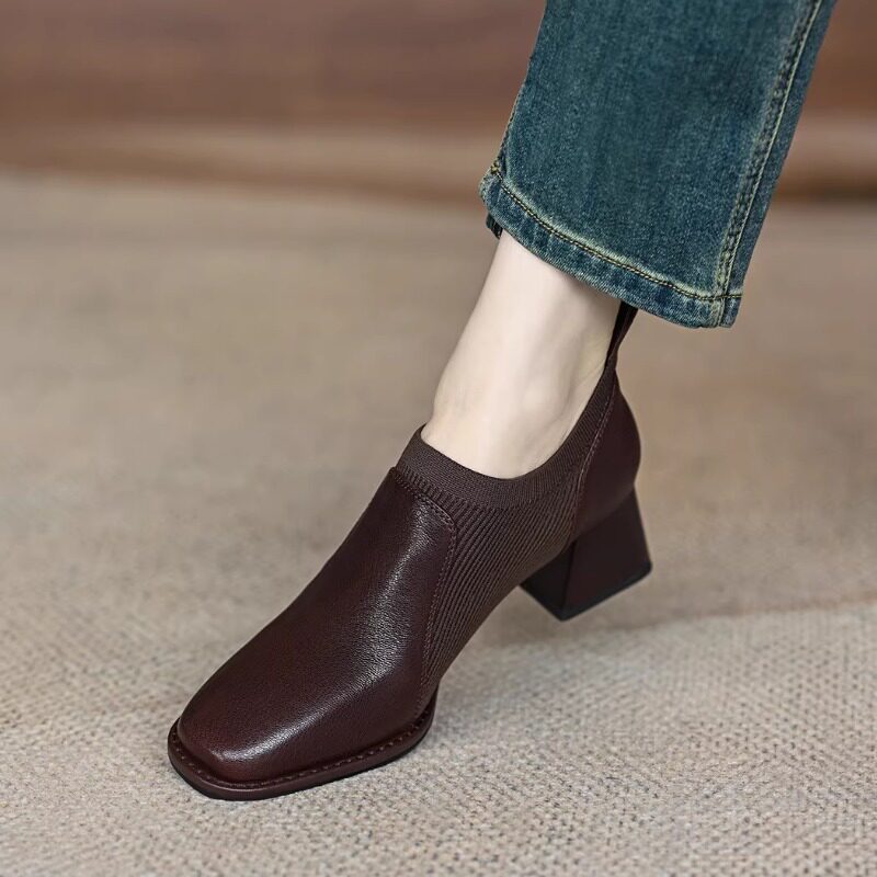 中跟深口单鞋女春秋新款软羊皮一脚蹬粗跟拼接针织方头气质小皮鞋