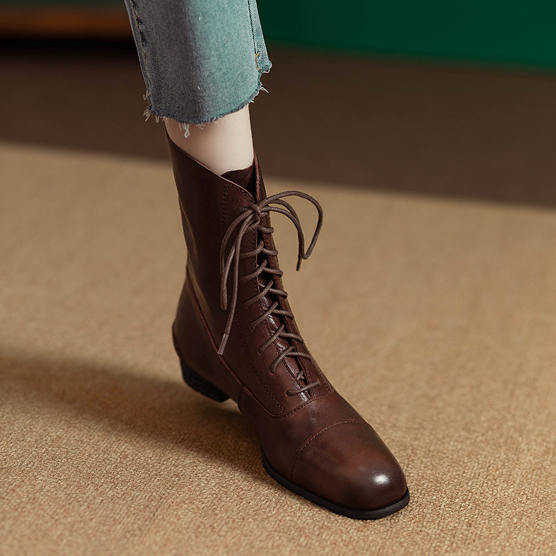 英伦风马丁靴女2025新款春秋单靴黑色牛皮低跟圆头系带真皮短靴女,女鞋,马丁靴,淘宝优惠券,粉丝福利购,淘宝优惠卷
