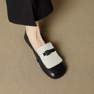小众不撞款2025真皮方头平底女软底舒适单鞋浅口超软不累脚乐福鞋
