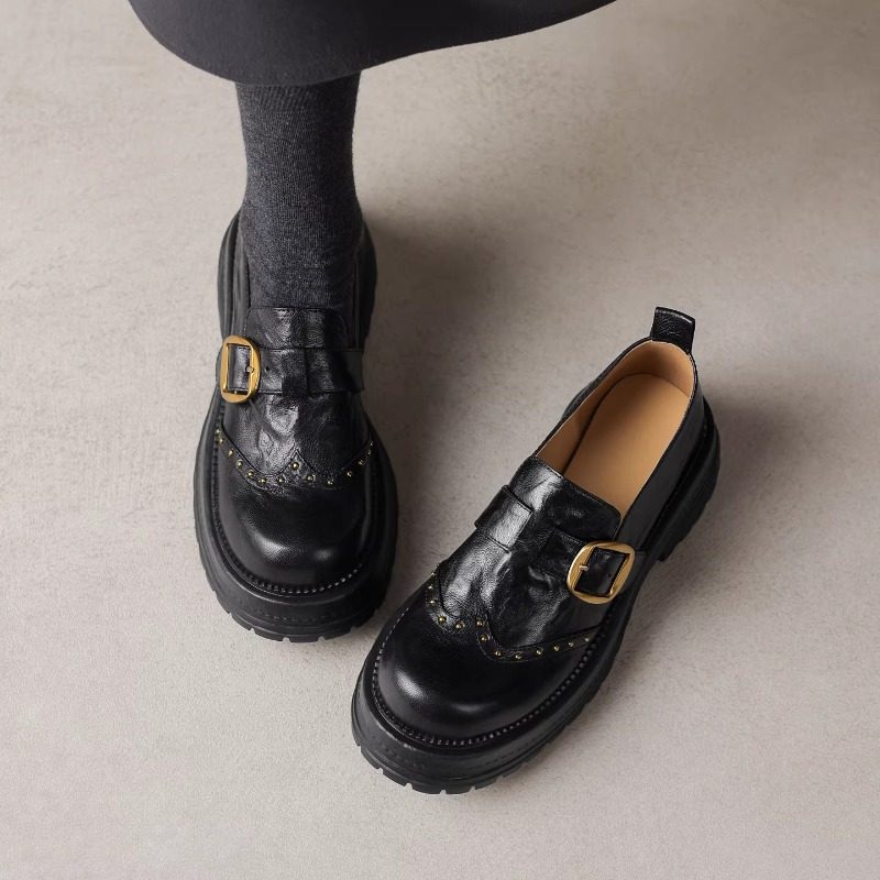 英伦风皮带扣厚底乐福鞋女真皮复古圆头百搭柳钉皮带扣一脚蹬单鞋,女鞋,乐福鞋（豆豆鞋）,淘宝优惠券,粉丝福利购,淘宝优惠卷