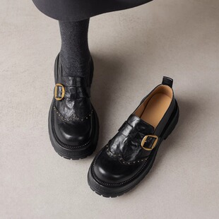 英伦风皮带扣厚底乐福鞋女真皮复古圆头百搭柳钉皮带扣一脚蹬单鞋