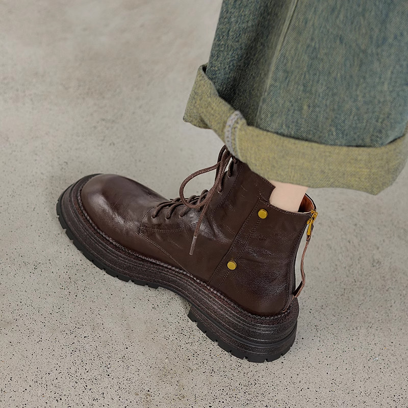 2025新款小羊皮厚底系带英伦马丁靴女夏棕色圆头短靴英伦复古靴子,女鞋,马丁靴,淘宝优惠券,粉丝福利购,淘宝优惠卷