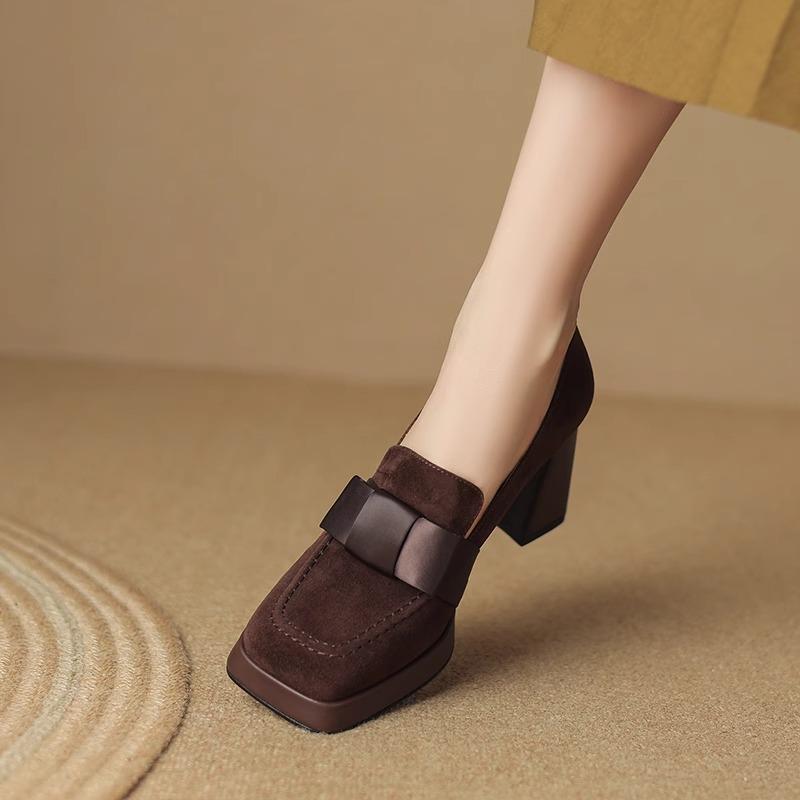 防水台高跟鞋女真皮复古高跟单鞋