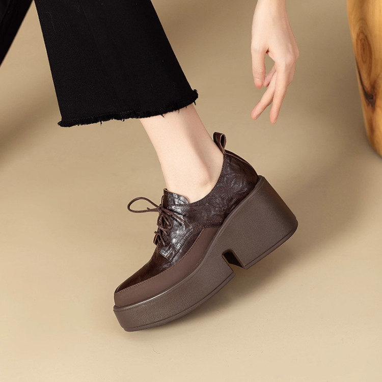 英伦风尖头羊皮系带小皮鞋女2025秋防水台厚底小个子松糕鞋乐福鞋,女鞋,松糕（摇摇）鞋,淘宝优惠券,粉丝福利购,淘宝优惠卷