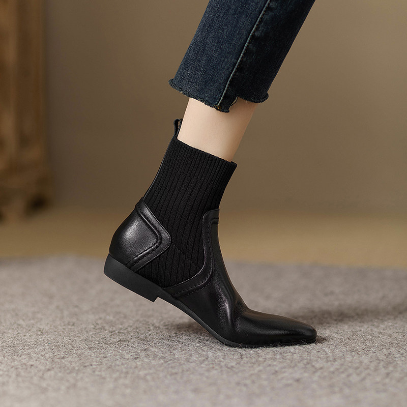 低跟尖头毛线鞋2025秋冬季软皮女靴子一脚蹬袜靴真皮平底女士短靴
