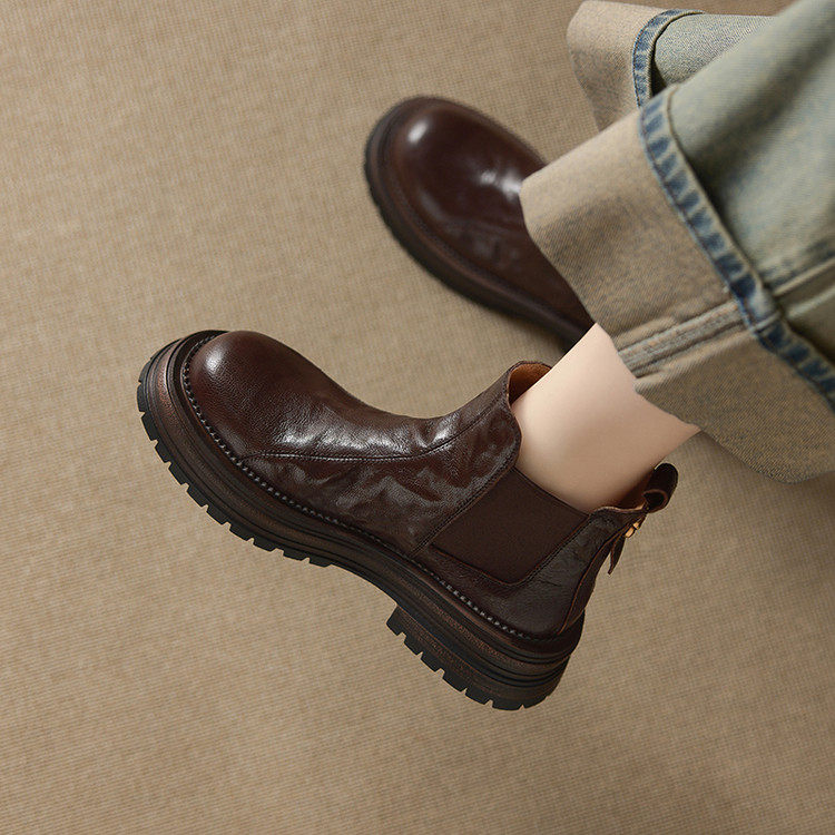 2025新款复古真皮切尔西靴女厚底圆头短靴百搭套筒英伦马丁靴棕色,女鞋,马丁靴,淘宝优惠券,粉丝福利购,淘宝优惠卷