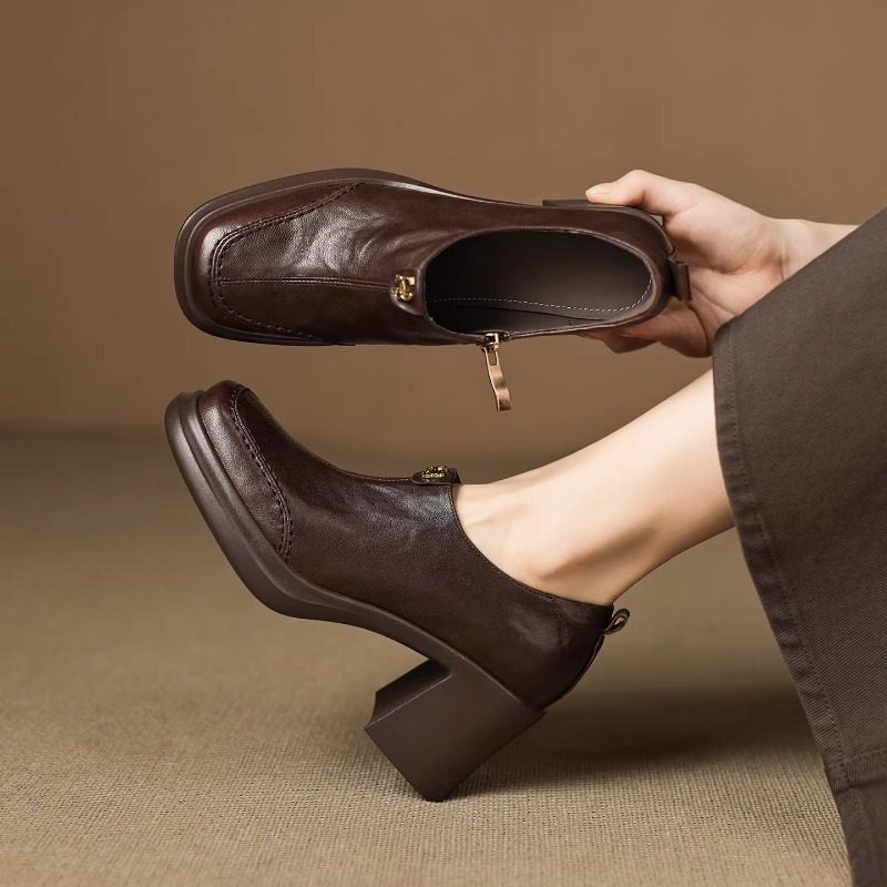 复古英伦深口单鞋女气质显瘦百搭小皮鞋棕色粗高跟小个子乐福鞋女,女鞋,深口单鞋,淘宝优惠券,粉丝福利购,淘宝优惠卷