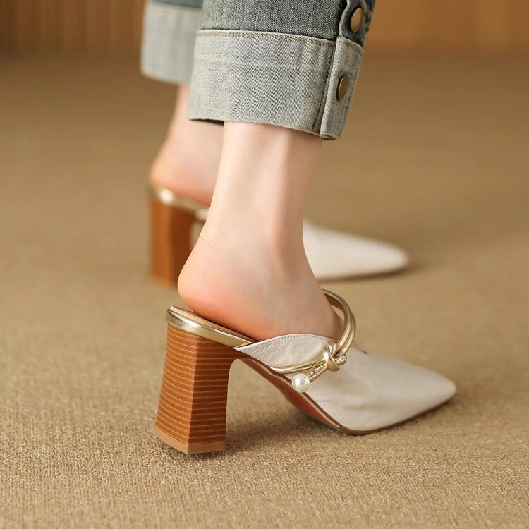 7.5cm包头凉拖鞋女夏季外穿真皮粗高跟优雅通勤搭配裙子凉鞋真皮