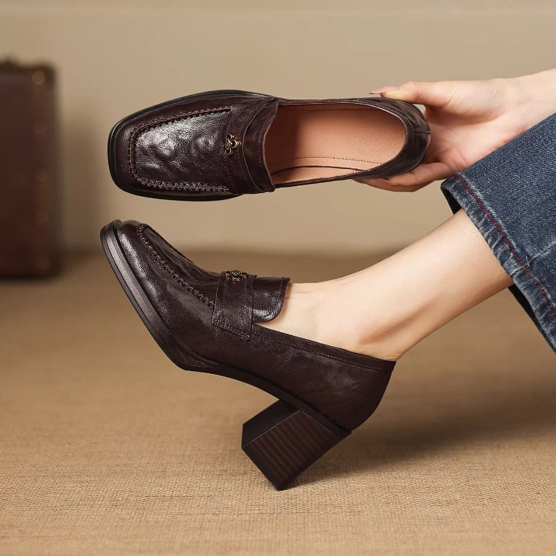 英伦真皮粗跟金属豆豆鞋复古乐福鞋女复古一脚蹬圆头小个子小皮鞋,女鞋,乐福鞋（豆豆鞋）,淘宝优惠券,粉丝福利购,淘宝优惠卷