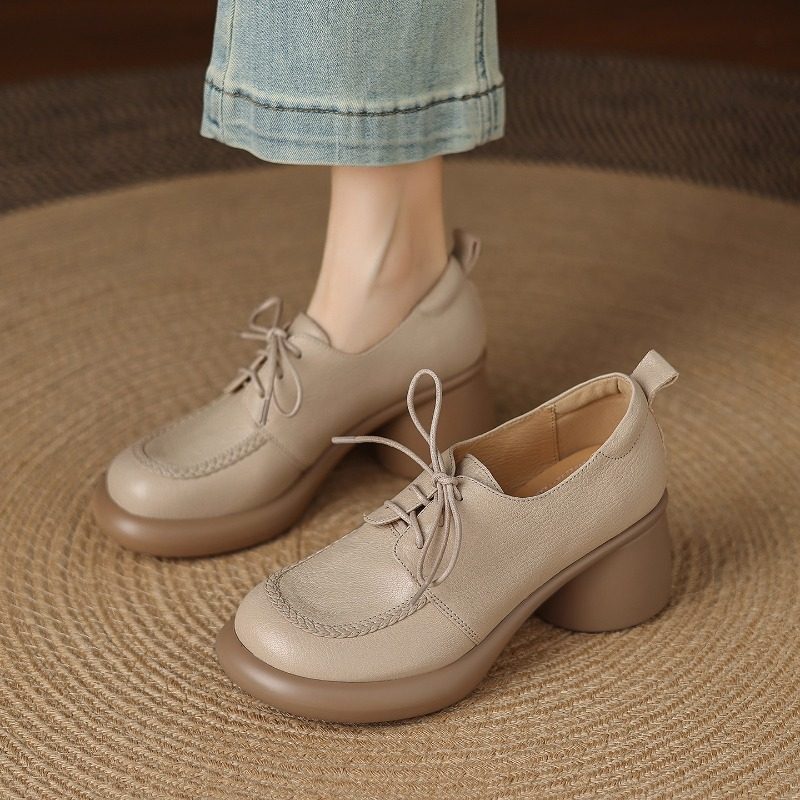软羊皮圆头系带乐福鞋女2025新款真皮英伦风小皮鞋粗跟小个子单鞋,女鞋,乐福鞋（豆豆鞋）,淘宝优惠券,粉丝福利购,淘宝优惠卷