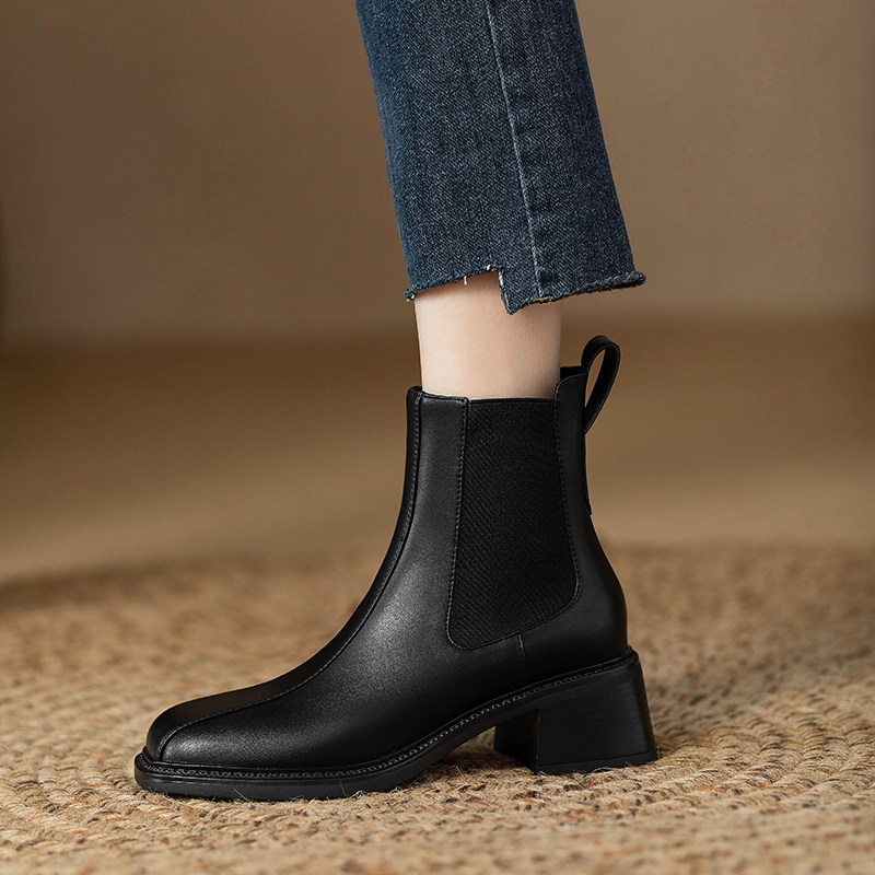 FALL-WINTER 2024 LEATHER SQUARE TOE CHELSEA BOOTS WOMENS BLOCK HEEL MARTIN BOOTS WOMENS BRITISH-STYLE SHORT HEELED HIGH HEELED BOOTS