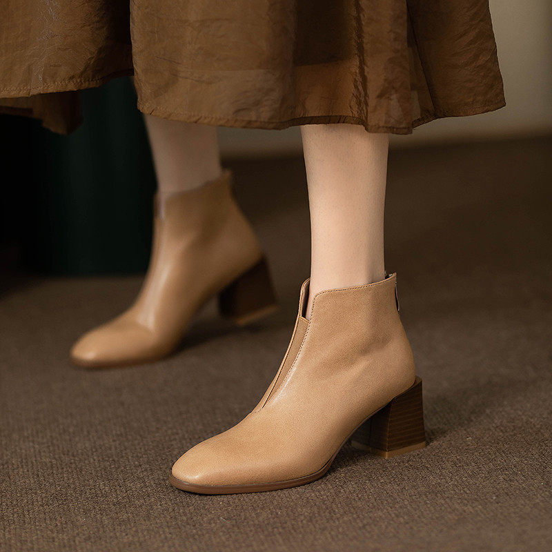 FRENCH SMALL SQUARE TOE CHELSEA BOOTS WOMENS AUTUMN WINTER 2024 NEW BLOCK HEEL POINTED TOE LEATHER TEMPERAMENT VERSATILE REAR ZIPPER