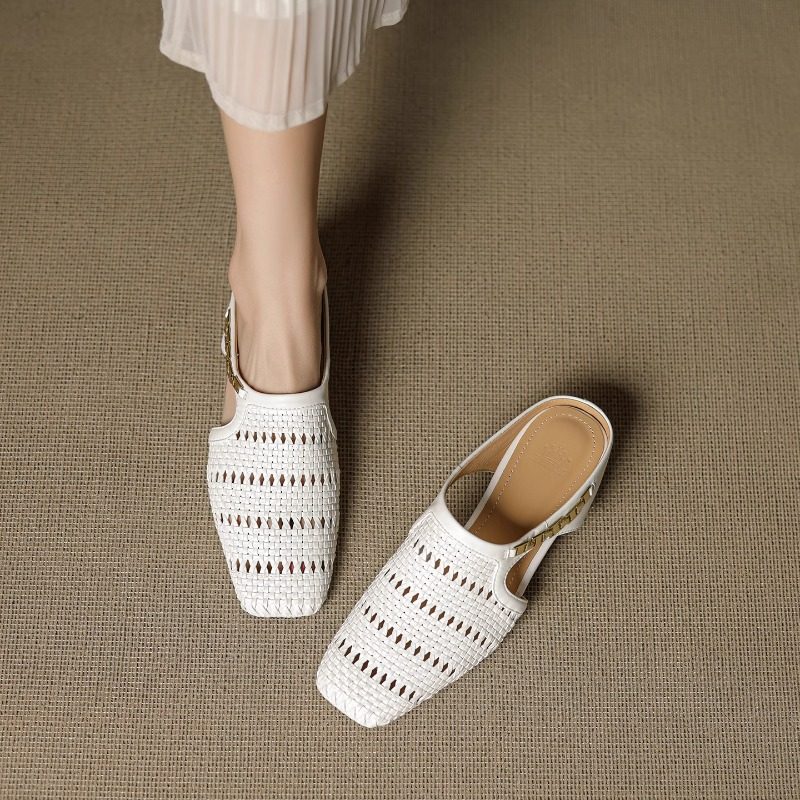 小众设计～！复古法式金扣羊皮编织镂空包头半拖女内增高穆勒鞋,女鞋,穆勒鞋,淘宝优惠券,粉丝福利购,淘宝优惠卷