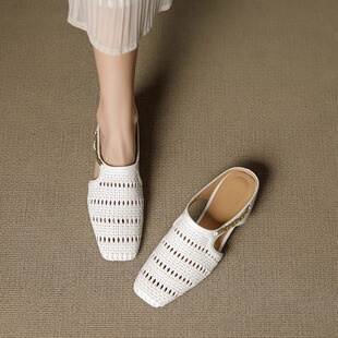 金扣羊皮编织镂空包头半拖女内增高穆勒鞋 小众设计～ 复古法式