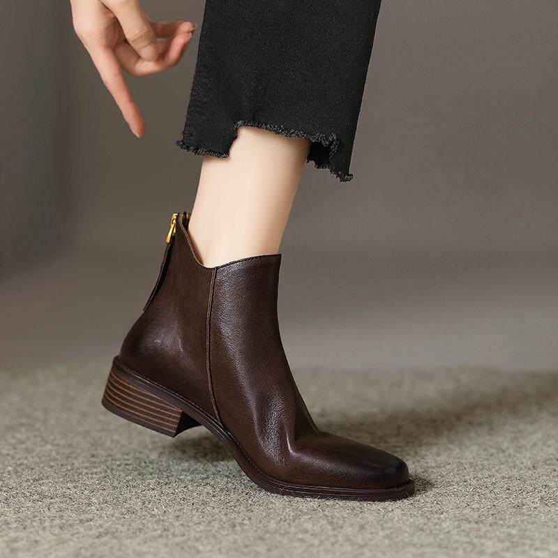 巨软~法式小踝靴复古手工真皮及踝靴秋冬新款圆头拉链中跟短靴女
