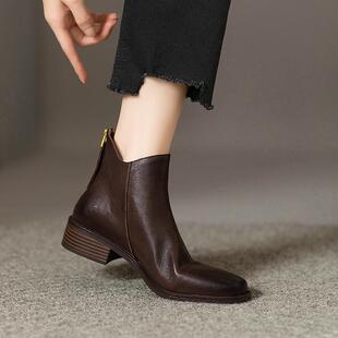 圆头拉链中跟短靴女 小踝靴复古手工真皮及踝靴秋冬新款 巨软 法式