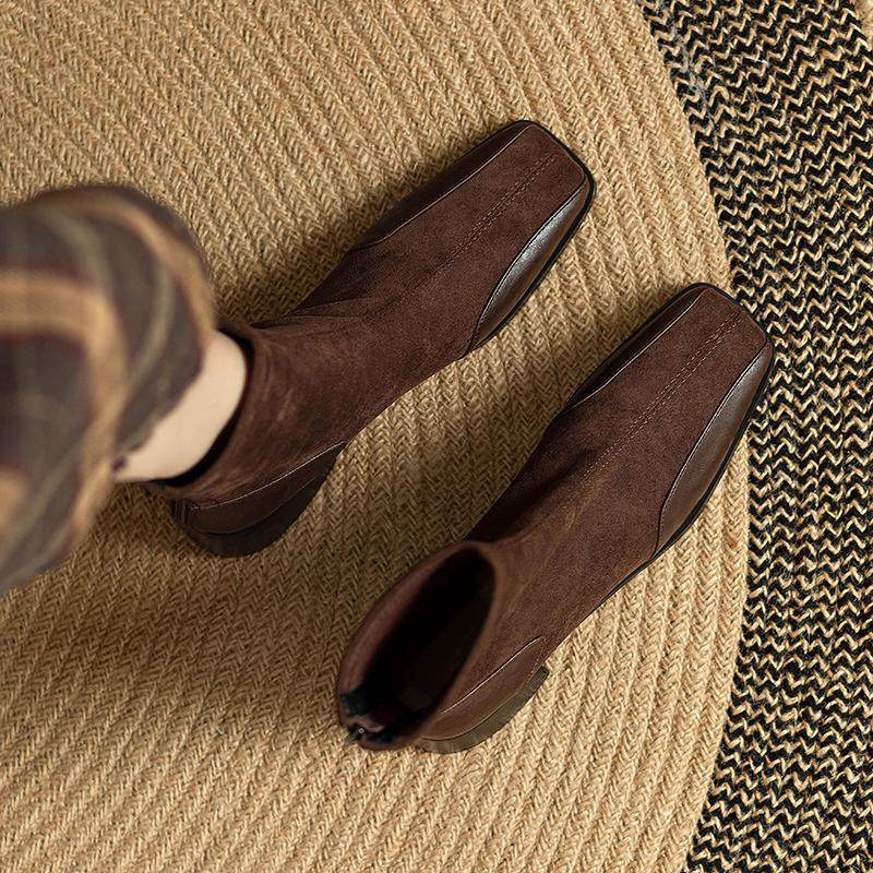 方头时尚马丁靴女2025秋冬季后拉链新款弹力靴绒面瘦瘦靴拼接棕色,女鞋,弹力靴/袜靴,淘宝优惠券,粉丝福利购,淘宝优惠卷