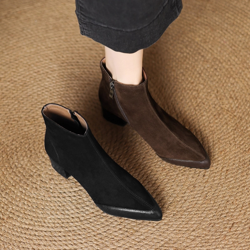 2025秋冬法式复古磨砂拼接切尔西短靴女粗跟尖头英伦风绒面马丁靴,女鞋,切尔西靴,淘宝优惠券,粉丝福利购,淘宝优惠卷