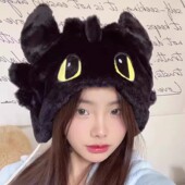 可爱黑煞无牙仔头套帽女秋冬款 保暖护耳卡通毛绒帽子儿童帽防风男