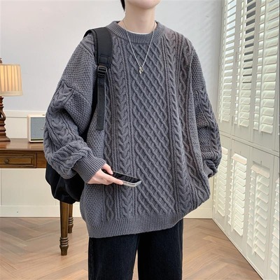 圆领秋冬季男士毛线衣青少年学生百搭针织衫保暖加绒加厚麻花毛衣