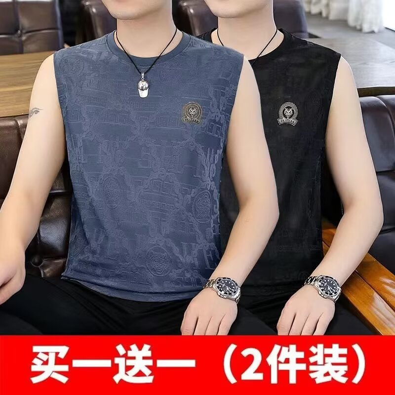夏季男士背心薄款圆领无袖汗衫冰丝潮流坎肩短袖t恤速干打底上衣