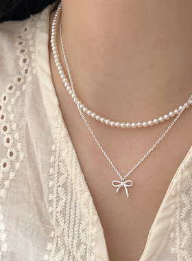 s925纯银蝴蝶结轻奢珍珠项链女双层叠戴锁骨链2024年夏季新款颈链