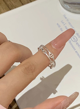 s925纯银猪鼻子双层链条食指戒女轻奢小众尾戒时尚个性素圈开口戒