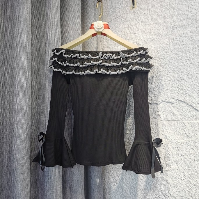 2025春季新款韩版百搭显瘦喇叭长袖衬衫女一字肩黑白荷叶边上衣潮,女装/女士精品,T恤,淘宝优惠券,粉丝福利购,淘宝优惠卷