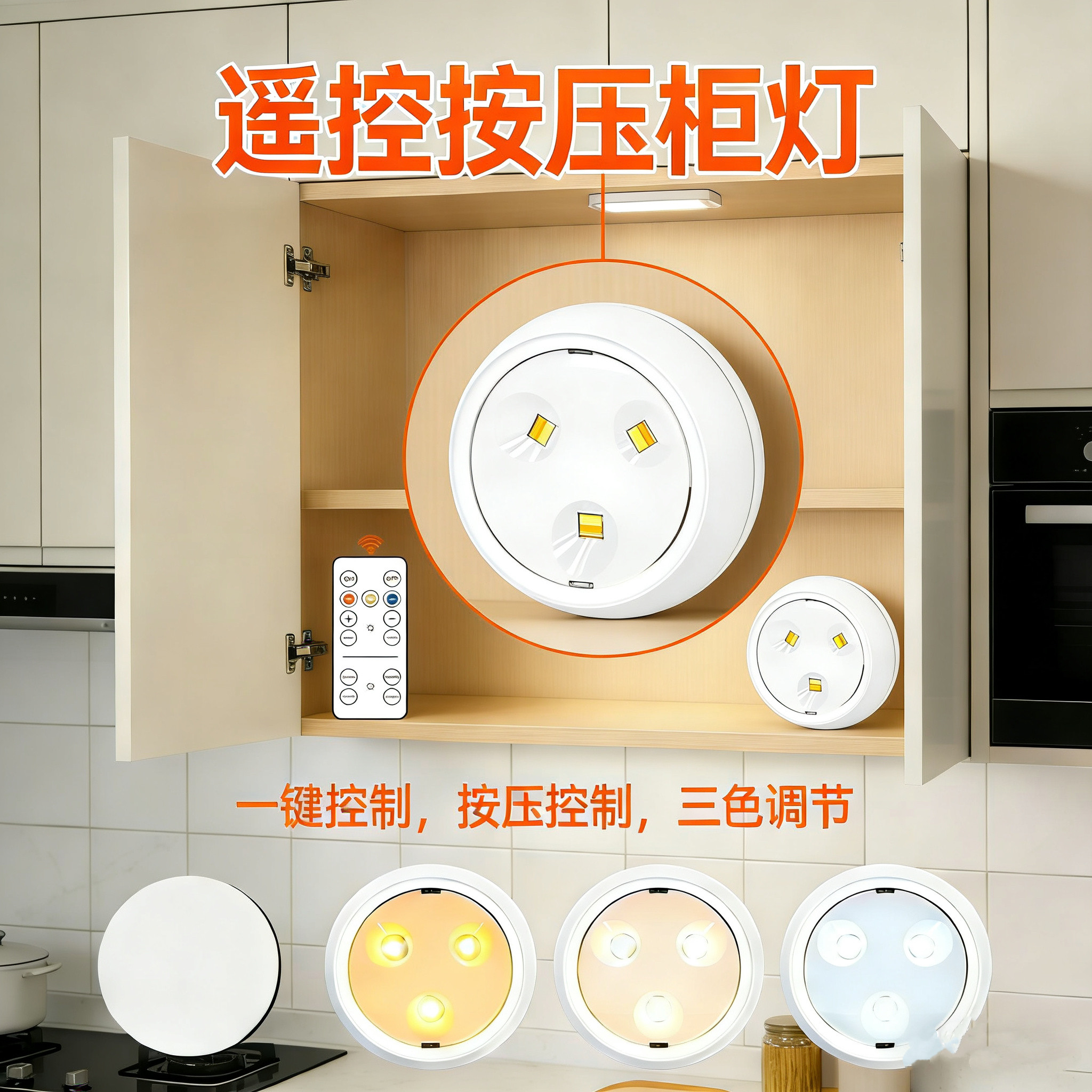 遥控橱柜灯LED3色小夜灯按压触摸可调光展示柜氛围灯免布线酒柜灯