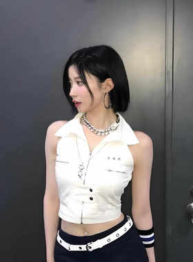 BABYMONSTER asa同款工装翻领马甲辣妹露脐短款拉链背心演出服