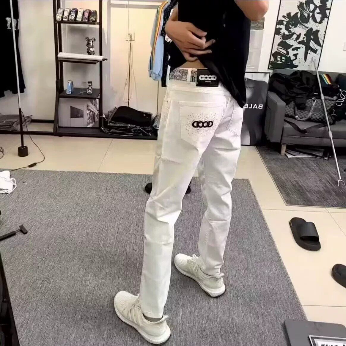 夏季欧美烫钻刺绣修身牛仔裤男