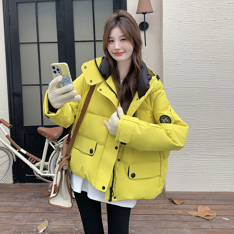 黄色连帽工装羽绒服女短款2025年冬新款加厚韩系高级感冲锋衣外套