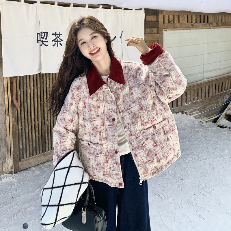 小香风羽绒服女短款翻领格纹拼接红色高级感减龄洋气面包服短外套