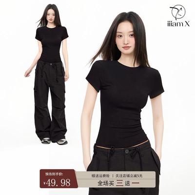 iiiamX黑色圆领正肩短袖t恤女夏季修身紧身内搭纯棉上衣2025新款