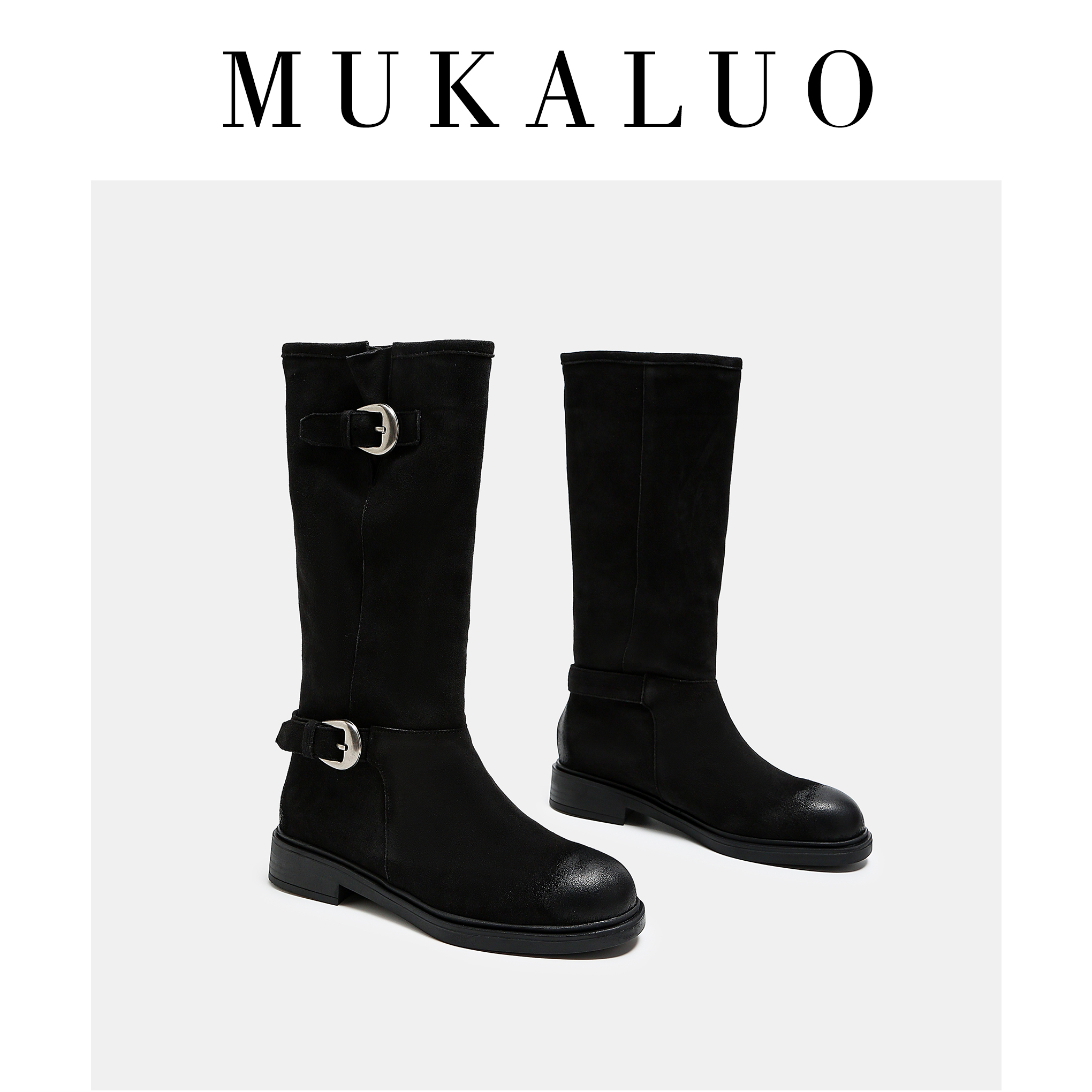 网红同款长筒堆堆骑士靴磨砂真皮