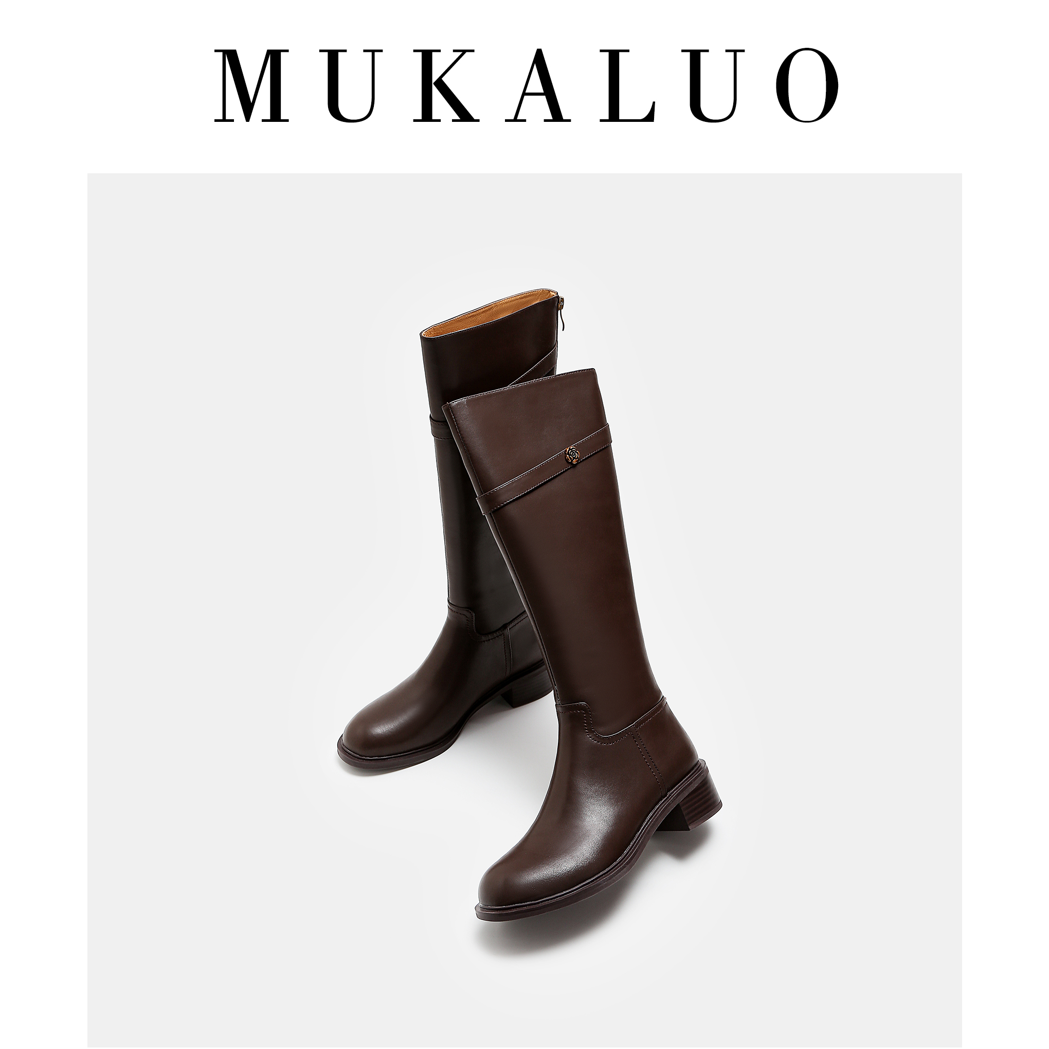 棕色显长筒靴骑士靴女真皮复古显瘦中跟秋冬粗跟百搭包腿高筒长靴