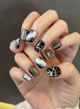 HESASA|设计师款黑色系INS短款猫眼【绚烂星河】纯手工手绘穿戴甲