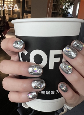 HESASA银色细闪梦幻百搭短款穿戴甲【银琉沙】短款纯手工绘画美甲