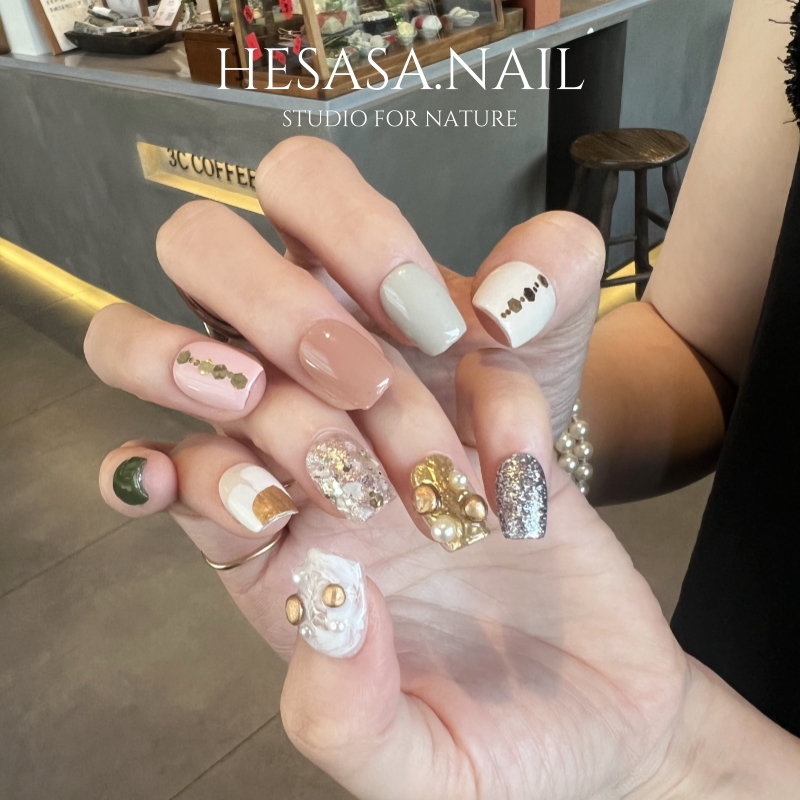 HESASA小众设计手绘画AB简约与宫廷风短款显手长百搭纯手工穿戴甲