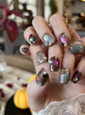 HESASA小众设计立体玫瑰色猫眼短款美甲【莫奈蔷薇】纯手工穿戴甲