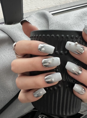 HESASA|高级感春夏设计新款INS冷系晕染美甲【银灰】纯手工穿戴甲