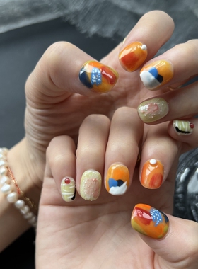 HESASA原创设计小众特色网红色【加州落日】晕染纯手绘短款穿戴甲