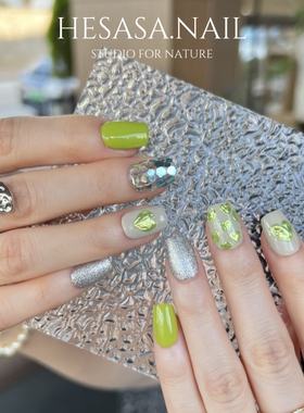 HESASA|小众设计高级感潮流绿色系短款成品美甲显白纯手工穿戴甲