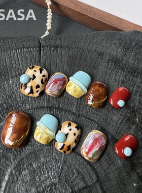 HESASA|原创设计高级感小豹纹晕染短款甲【红皇后】纯手工穿戴甲