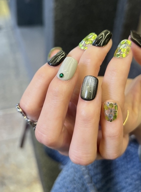 新款绿色猫眼亮片短方形成品显白美甲片【赛博森绿】纯手工穿戴甲