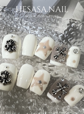 HESASA复古十字金属元素纯白色个性百搭短款可拆美甲纯手工穿戴甲