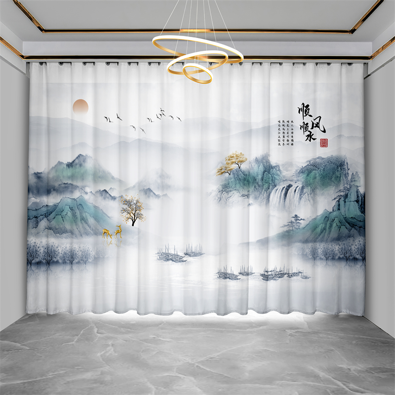 新中式山水风景画窗帘布遮光2025新款禅意茶室隔断帘隔热防晒纱帘